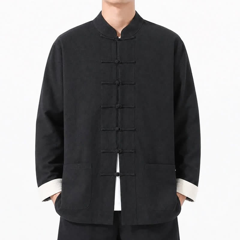 Buddha Stones Spring Fall Casual Tang Style Frog Button Solid Cotton Linen Men's Long Sleeve Shirts With Pockets - image 20