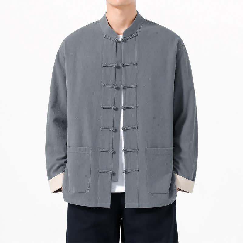 Buddha Stones Spring Fall Casual Tang Style Frog Button Solid Cotton Linen Men's Long Sleeve Shirts With Pockets - Gray - US/UK/AU46, EU56 (5XL) - image 7