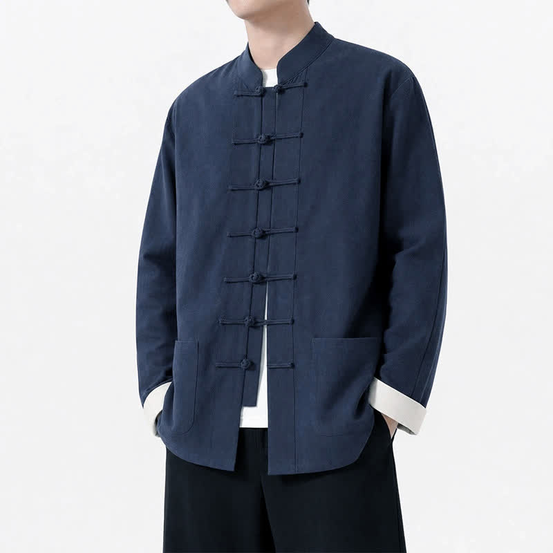 Buddha Stones Spring Fall Casual Tang Style Frog Button Solid Cotton Linen Men's Long Sleeve Shirts With Pockets - image 27