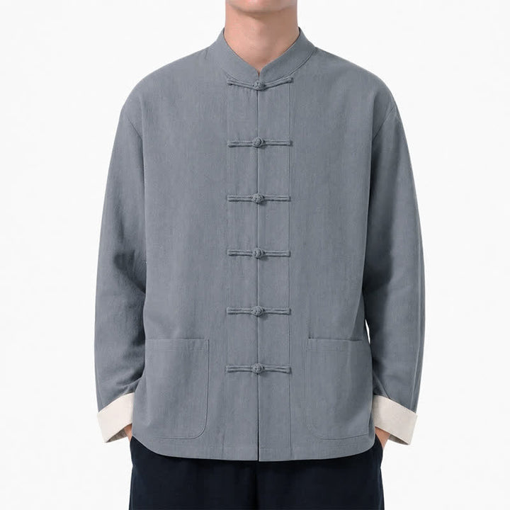 Buddha Stones Spring Fall Casual Tang Style Frog Button Solid Cotton Linen Men's Long Sleeve Shirts With Pockets - image 12