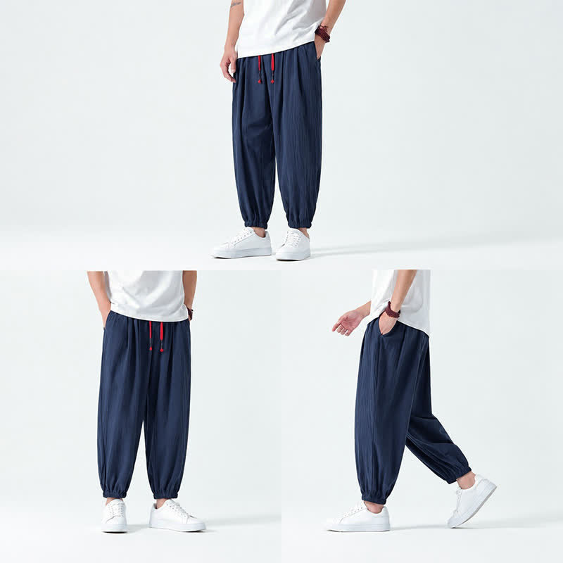 Buddha Stones Fall Winter Casual Minimalist Drawstring Solid Cotton Ankle Pants Men's Tapered Pants With Pockets - image 5