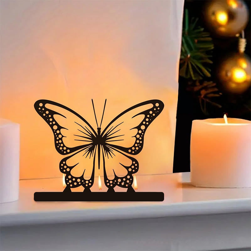 Buddha Stones Black Iron Butterfly Transformation Three Light Candle Holder - image 0
