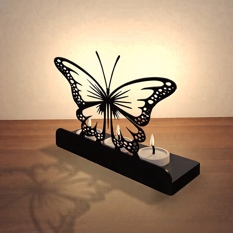 Buddha Stones Black Iron Butterfly Transformation Three Light Candle Holder - image 2