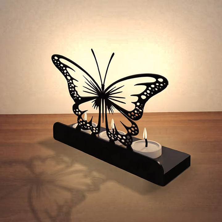 Buddha Stones Black Iron Butterfly Transformation Three Light Candle Holder - image 2