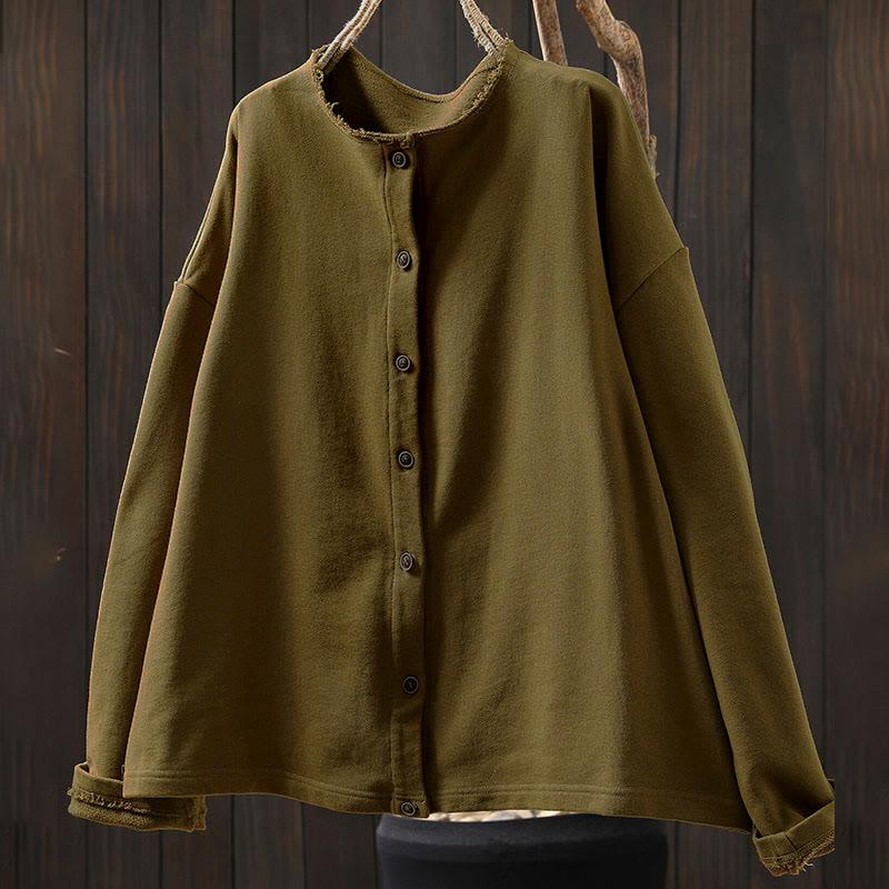 Buddha Stones Fall Solid Button Down Crew Neck Long Sleeve Women's Cotton Shirt - image 1