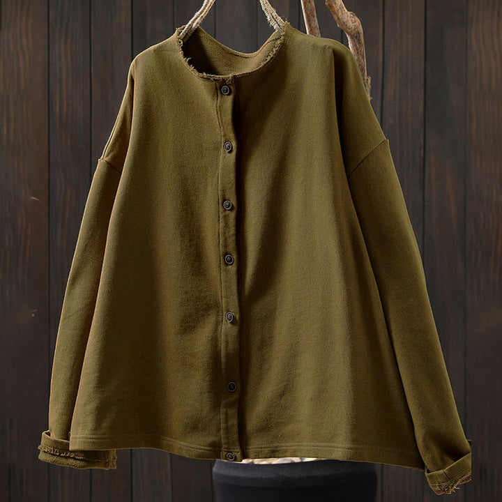 Buddha Stones Fall Solid Button Down Crew Neck Long Sleeve Women's Cotton Shirt - image 1