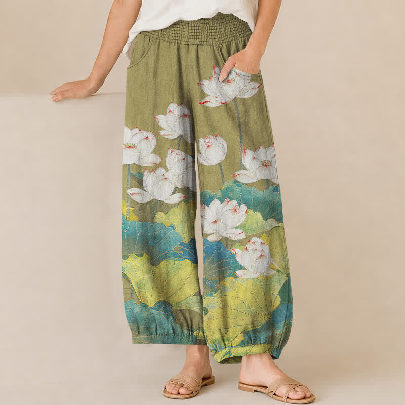 Buddha Stones Cotton Lotus Pond Pattern Pleated Elastic Waist Women's Harem Pants With Pockets - YellowGreen - US16，UK/AU20，EU48 (3XL) - image 6