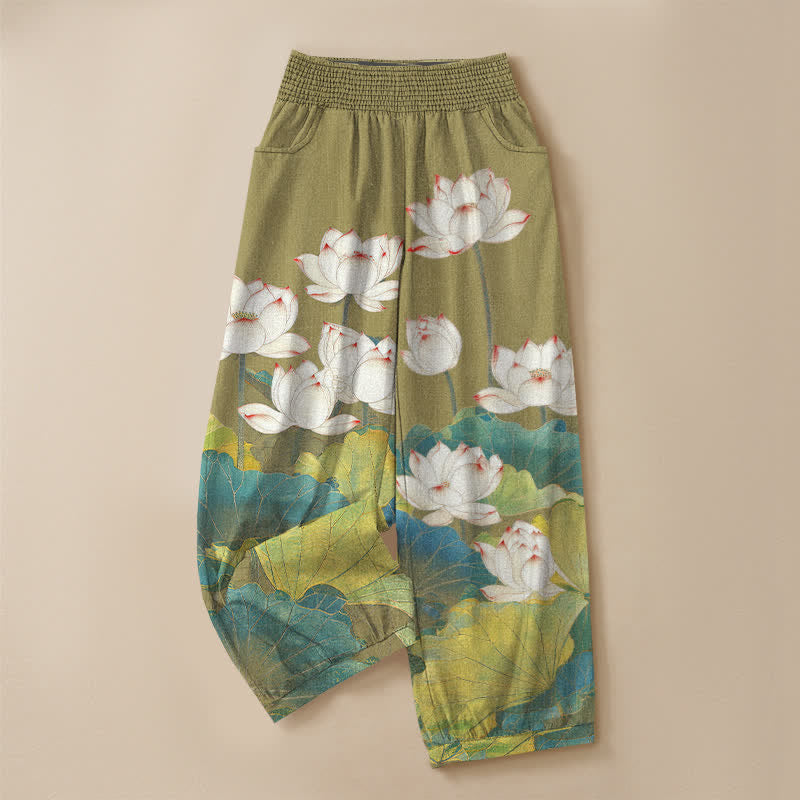 Buddha Stones Cotton Lotus Pond Pattern Pleated Elastic Waist Women's Harem Pants With Pockets - image 9