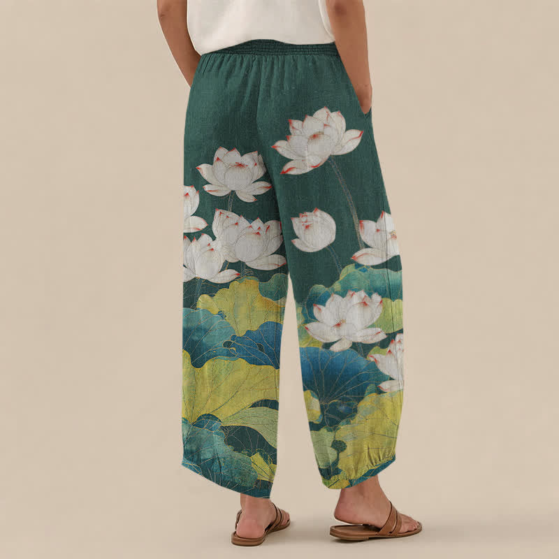 Buddha Stones Cotton Lotus Pond Pattern Pleated Elastic Waist Women's Harem Pants With Pockets - image 12