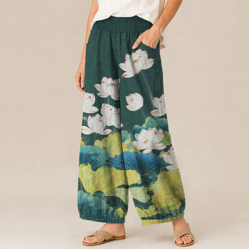 Buddha Stones Cotton Lotus Pond Pattern Pleated Elastic Waist Women's Harem Pants With Pockets - image 11