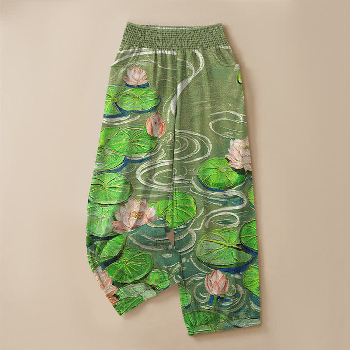 Buddha Stones Cotton Pink Lotus Pond Pattern Pleated Elastic Waist Women's Harem Pants With Pockets - image 9