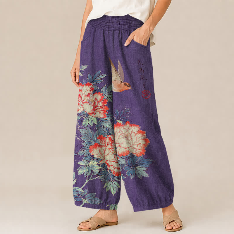 Buddha Stones Cotton Red Peony Bird Calligraphy Pattern Pleated Elastic Waist Women's Harem Pants With Pockets - image 7