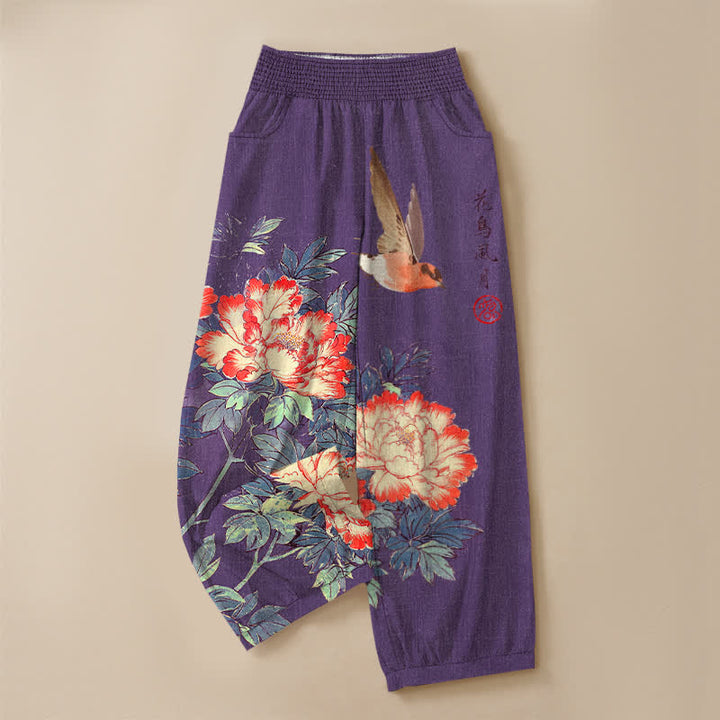 Buddha Stones Cotton Red Peony Bird Calligraphy Pattern Pleated Elastic Waist Women's Harem Pants With Pockets - image 9