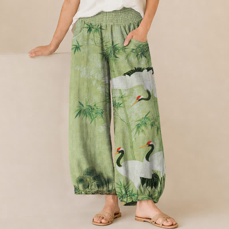 Buddha Stones Cotton Oriental Crane Bamboo Landscape Pattern Pleated Elastic Waist Women's Harem Pants With Pockets - LightGreen - US16，UK/AU20，EU48 (3XL) - image 6