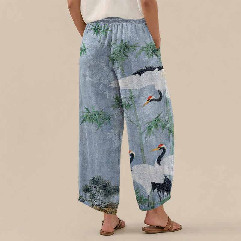 Buddha Stones Cotton Oriental Crane Bamboo Landscape Pattern Pleated Elastic Waist Women's Harem Pants With Pockets - image 12