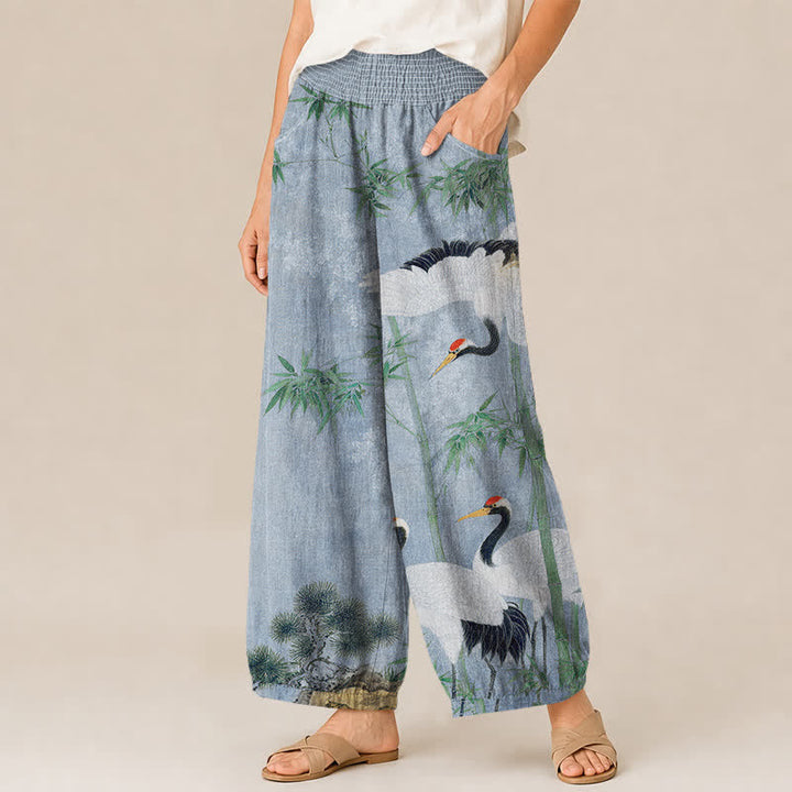 Buddha Stones Cotton Oriental Crane Bamboo Landscape Pattern Pleated Elastic Waist Women's Harem Pants With Pockets - image 11