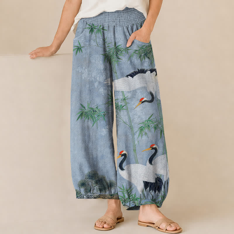 Buddha Stones Cotton Oriental Crane Bamboo Landscape Pattern Pleated Elastic Waist Women's Harem Pants With Pockets - LightSteelBlue - US16，UK/AU20，EU48 (3XL) - image 10