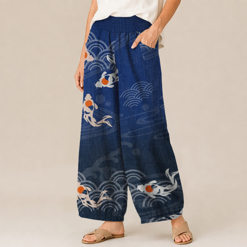 Buddha Stones Cotton Japanese Wave Koi Fish Pattern Pleated Elastic Waist Women's Harem Pants With Pockets - image 1