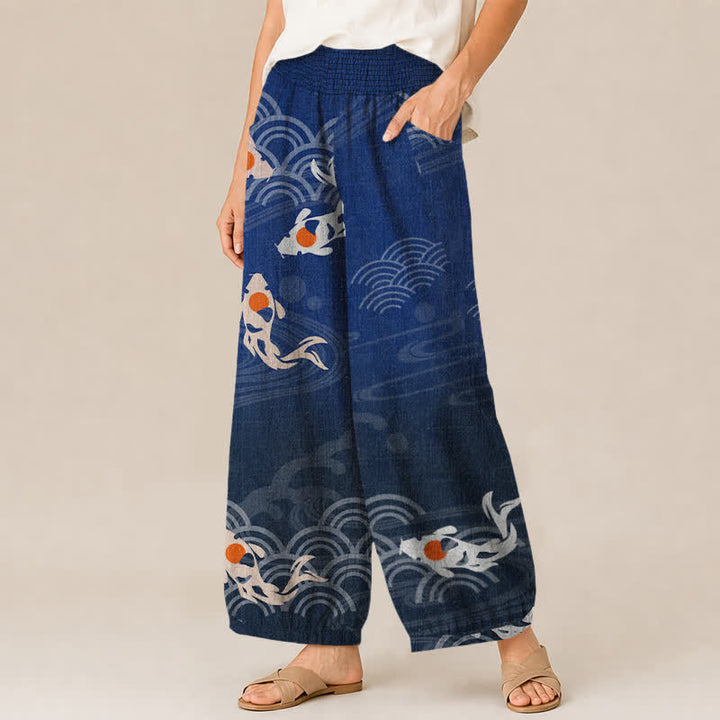 Buddha Stones Cotton Japanese Wave Koi Fish Pattern Pleated Elastic Waist Women's Harem Pants With Pockets - image 1