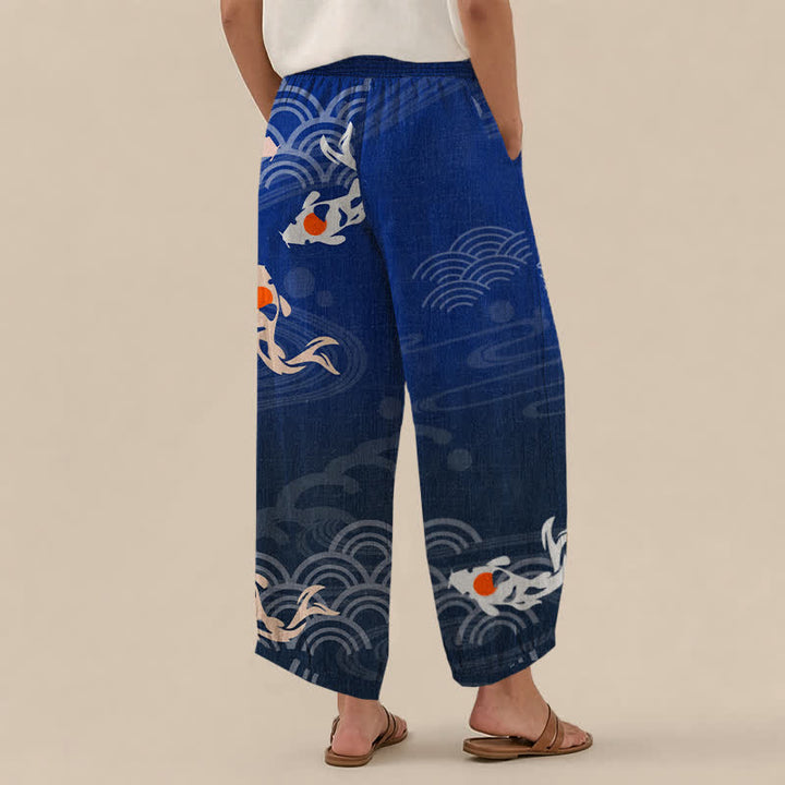 Buddha Stones Cotton Japanese Wave Koi Fish Pattern Pleated Elastic Waist Women's Harem Pants With Pockets - image 2