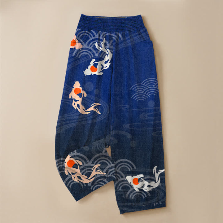 Buddha Stones Cotton Japanese Wave Koi Fish Pattern Pleated Elastic Waist Women's Harem Pants With Pockets - image 3