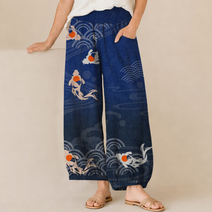 Buddha Stones Cotton Japanese Wave Koi Fish Pattern Pleated Elastic Waist Women's Harem Pants With Pockets - Navy - US16，UK/AU20，EU48 (3XL) - image 0