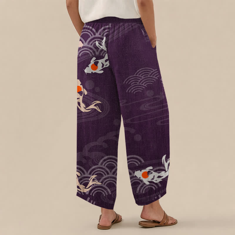 Buddha Stones Cotton Japanese Wave Koi Fish Pattern Pleated Elastic Waist Women's Harem Pants With Pockets - image 8