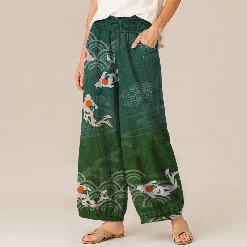 Buddha Stones Cotton Japanese Wave Koi Fish Pattern Pleated Elastic Waist Women's Harem Pants With Pockets - image 11