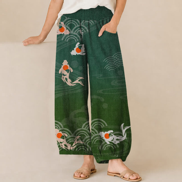 Buddha Stones Cotton Japanese Wave Koi Fish Pattern Pleated Elastic Waist Women's Harem Pants With Pockets - DarkGreen - US16，UK/AU20，EU48 (3XL) - image 10