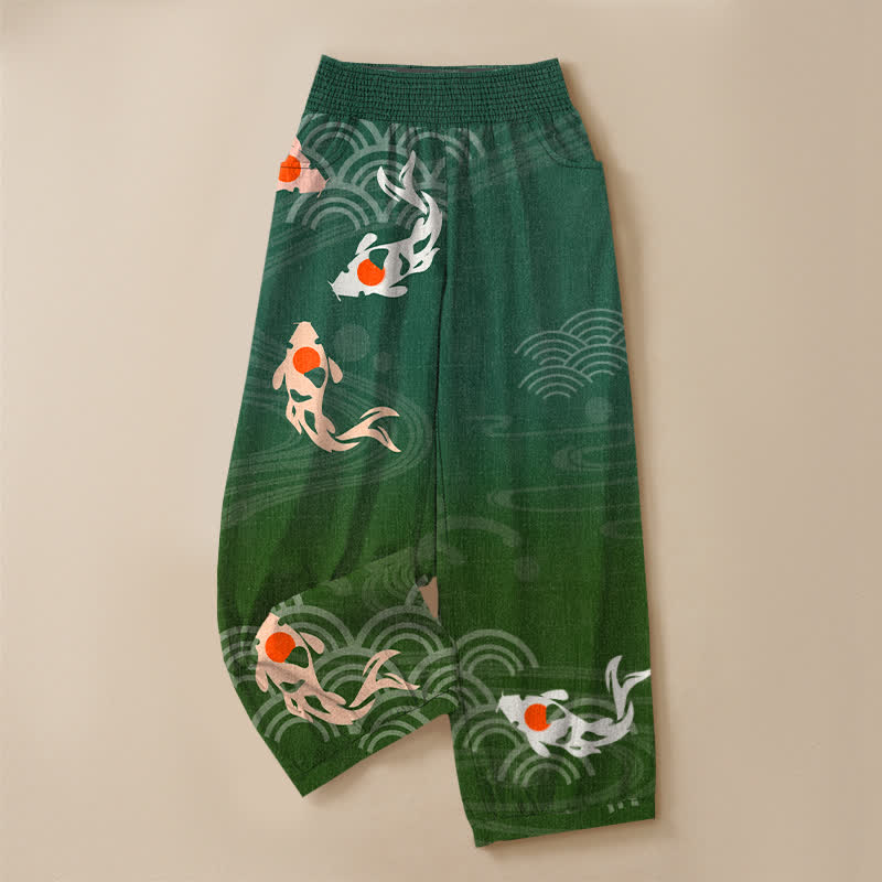 Buddha Stones Cotton Japanese Wave Koi Fish Pattern Pleated Elastic Waist Women's Harem Pants With Pockets - image 13