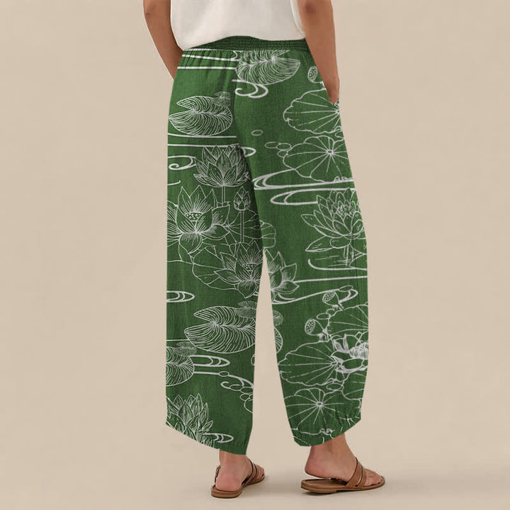 Buddha Stones Cotton Lotus Leaf Ink Pattern Pleated Elastic Waist Women's Harem Pants With Pockets - image 8