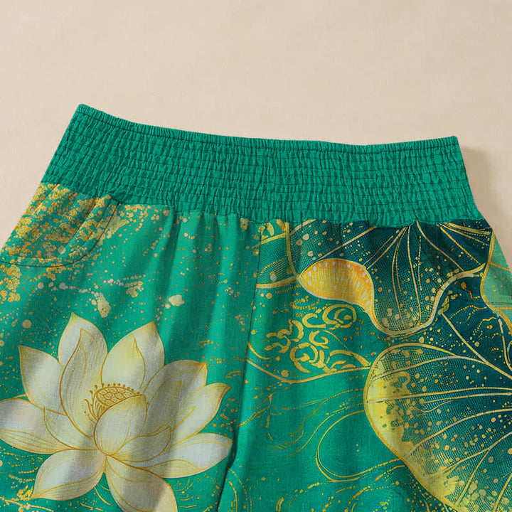 Buddha Stones Cotton Lotus Red Koi Fish Pond Pattern Pleated Elastic Waist Women's Harem Pants With Pockets - image 4