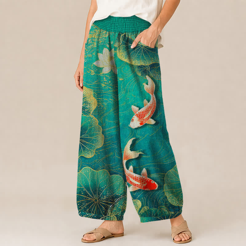 Buddha Stones Cotton Lotus Red Koi Fish Pond Pattern Pleated Elastic Waist Women's Harem Pants With Pockets - image 1