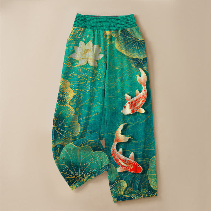 Buddha Stones Cotton Lotus Red Koi Fish Pond Pattern Pleated Elastic Waist Women's Harem Pants With Pockets - image 3