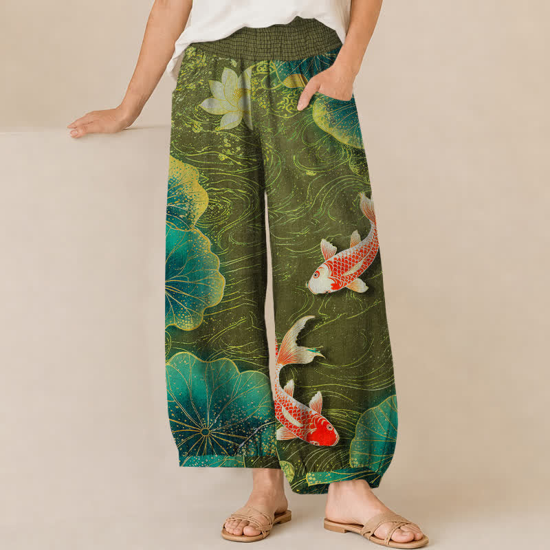 Buddha Stones Cotton Lotus Red Koi Fish Pond Pattern Pleated Elastic Waist Women's Harem Pants With Pockets - DarkOliveGreen - US16，UK/AU20，EU48 (3XL) - image 6