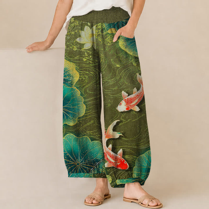 Buddha Stones Cotton Lotus Red Koi Fish Pond Pattern Pleated Elastic Waist Women's Harem Pants With Pockets - DarkOliveGreen - US16，UK/AU20，EU48 (3XL) - image 6