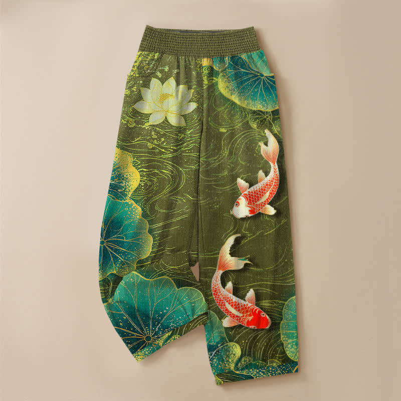 Buddha Stones Cotton Lotus Red Koi Fish Pond Pattern Pleated Elastic Waist Women's Harem Pants With Pockets - image 9