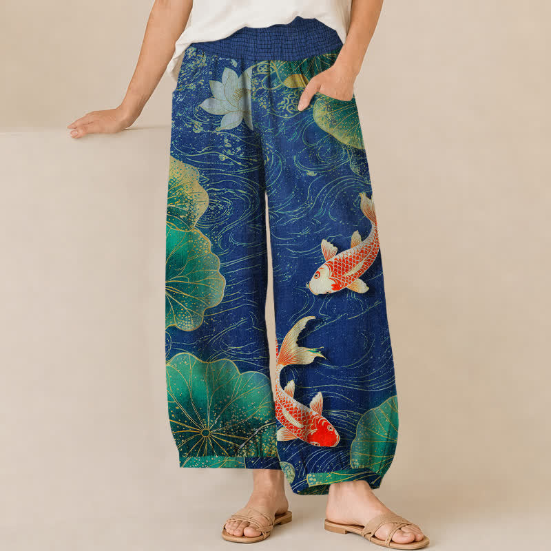 Buddha Stones Cotton Lotus Red Koi Fish Pond Pattern Pleated Elastic Waist Women's Harem Pants With Pockets - Navy - US16，UK/AU20，EU48 (3XL) - image 10