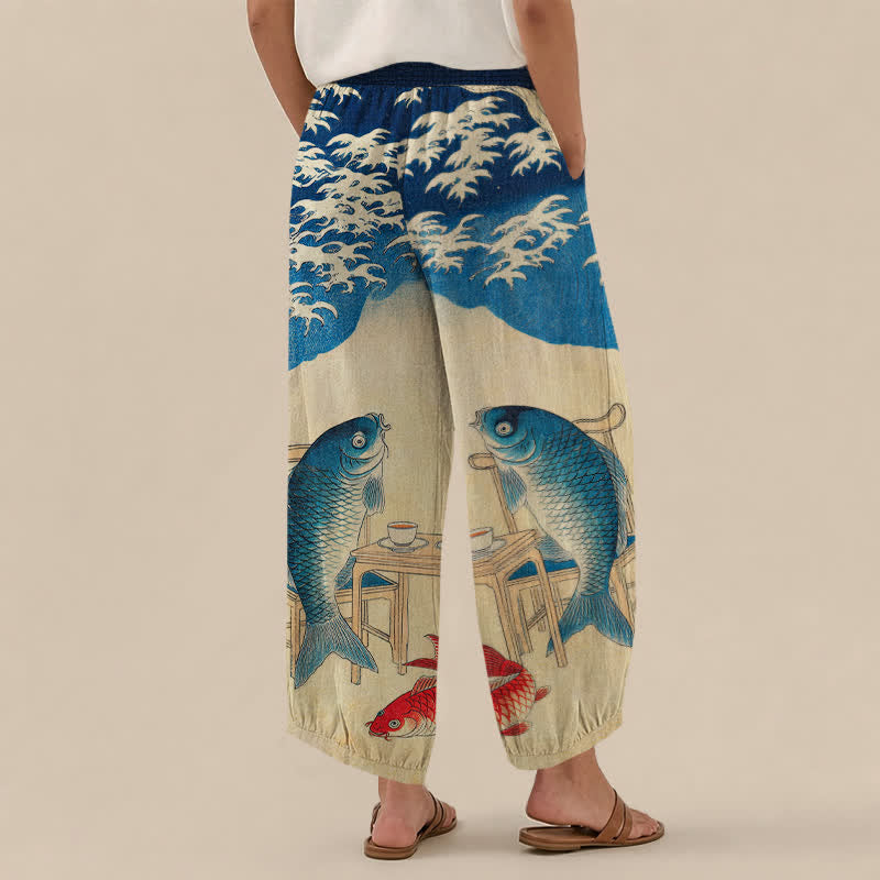 Buddha Stones Cotton Ocean Koi Fish Wave Pattern Pleated Elastic Waist Women's Harem Pants With Pockets - image 2