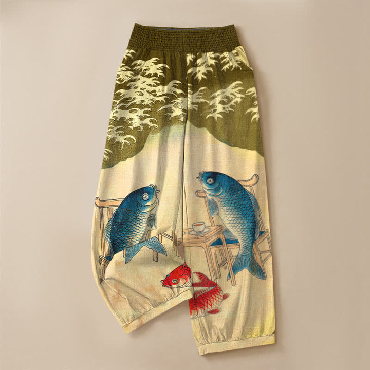 Buddha Stones Cotton Ocean Koi Fish Wave Pattern Pleated Elastic Waist Women's Harem Pants With Pockets - image 9