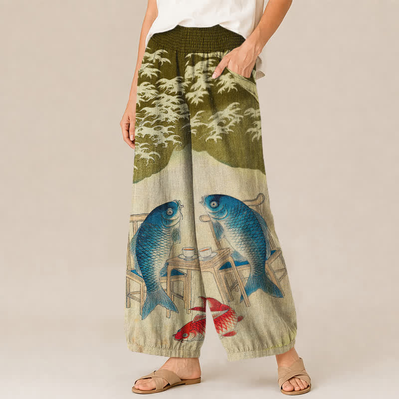 Buddha Stones Cotton Ocean Koi Fish Wave Pattern Pleated Elastic Waist Women's Harem Pants With Pockets - image 7