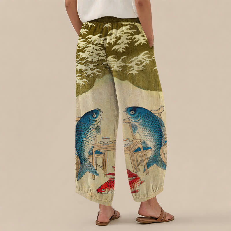 Buddha Stones Cotton Ocean Koi Fish Wave Pattern Pleated Elastic Waist Women's Harem Pants With Pockets - image 8