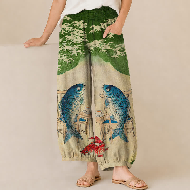 Buddha Stones Cotton Ocean Koi Fish Wave Pattern Pleated Elastic Waist Women's Harem Pants With Pockets - LightGreen - US16，UK/AU20，EU48 (3XL) - image 10
