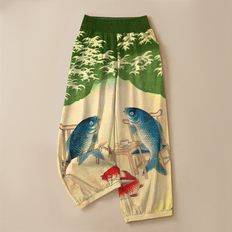 Buddha Stones Cotton Ocean Koi Fish Wave Pattern Pleated Elastic Waist Women's Harem Pants With Pockets - image 13