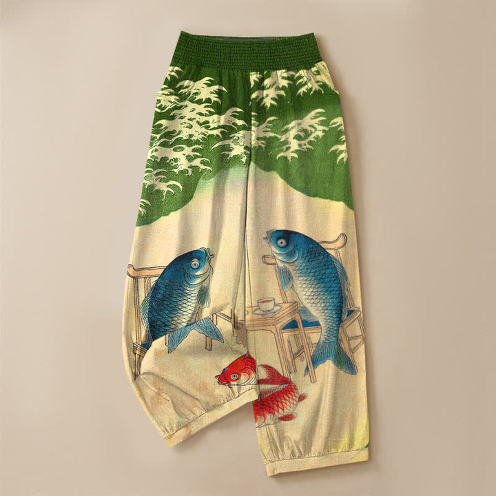 Buddha Stones Cotton Ocean Koi Fish Wave Pattern Pleated Elastic Waist Women's Harem Pants With Pockets - image 13