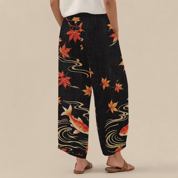 Buddha Stones Cotton Koi Fish Red Maple Wave Pattern Pleated Elastic Waist Women's Harem Pants With Pockets - image 2