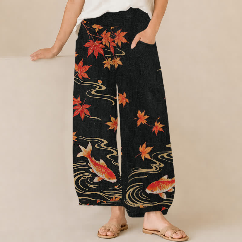 Buddha Stones Cotton Koi Fish Red Maple Wave Pattern Pleated Elastic Waist Women's Harem Pants With Pockets - Black - US16，UK/AU20，EU48 (3XL) - image 0