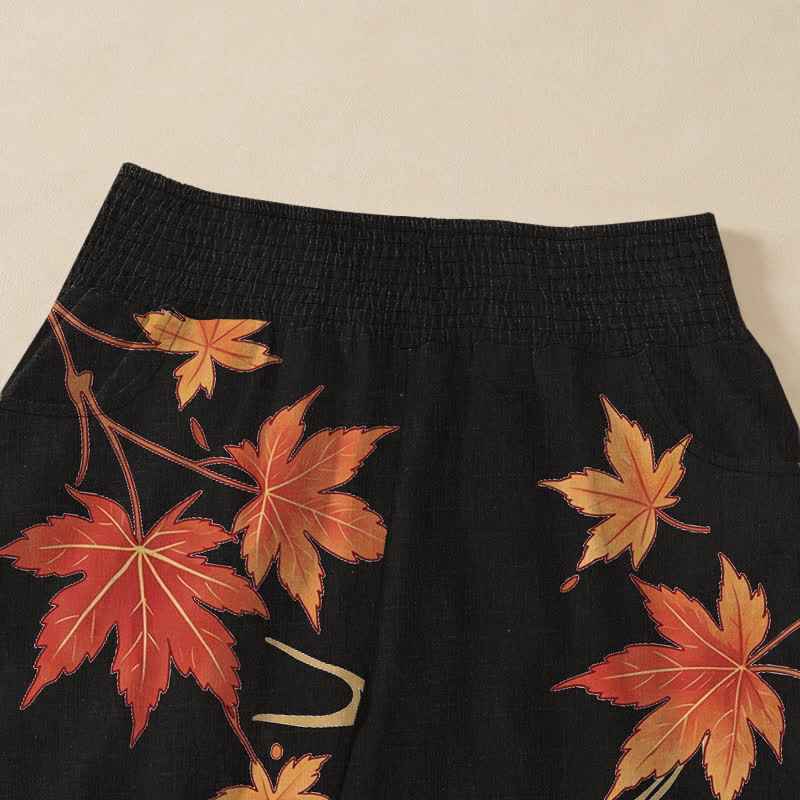 Buddha Stones Cotton Koi Fish Red Maple Wave Pattern Pleated Elastic Waist Women's Harem Pants With Pockets - image 4
