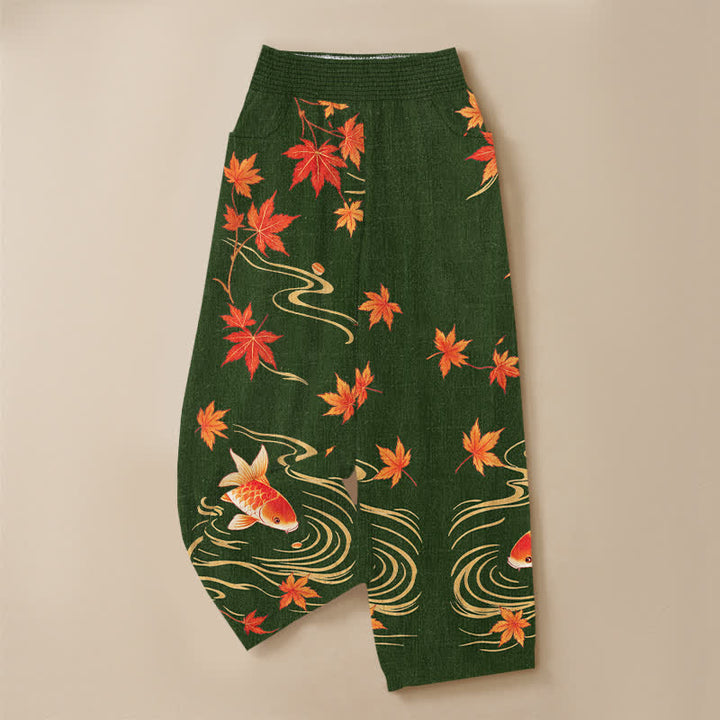 Buddha Stones Cotton Koi Fish Red Maple Wave Pattern Pleated Elastic Waist Women's Harem Pants With Pockets - image 15