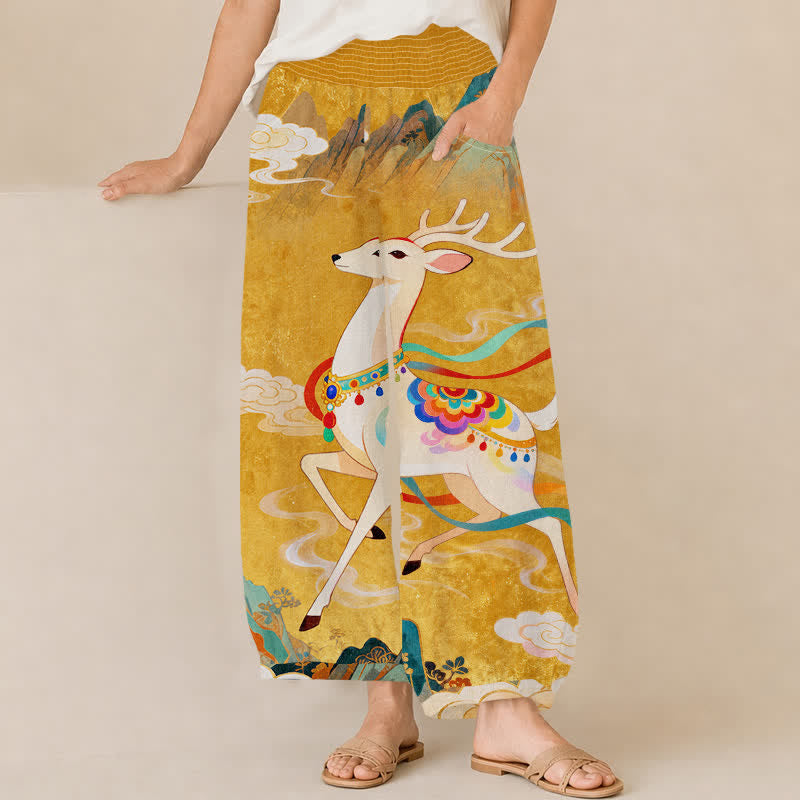 Buddha Stones Cotton Auspicious Deer Cloud Floral Pattern Pleated Elastic Waist Women's Harem Pants With Pockets - Goldenrod - US16，UK/AU20，EU48 (3XL) - image 0